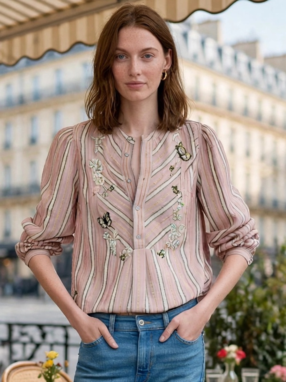 Zadig & Voltaire Teda Embroidered Shirt Pink Stripe Women's Blouse in Sz Medium
